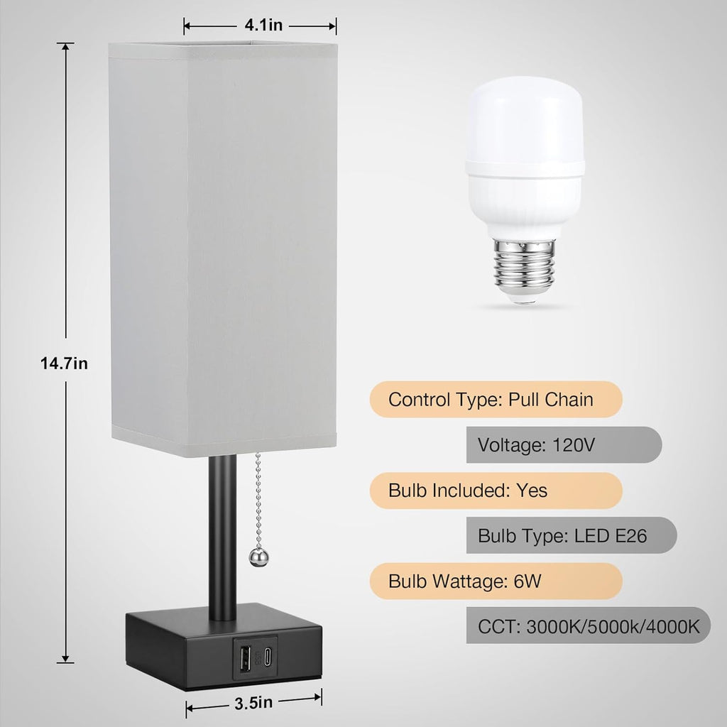 Gray Small Bedroom Lamp - 3 Color Temperature 3000K 5000K 4000K Bedside Lamp, Pull Chain Control, USB A and C Charging Ports, Black Base, for Kids Office Dorm, Bulb Included