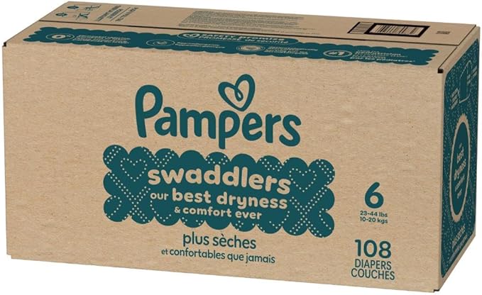 Pampers Swaddlers Diapers, Size 6 (23-44 lbs), 108 Count, Absorbent, Keeps Baby Dry and Comfortable, Skin Safe Disposable Baby Diaper (Packaging May Vary)