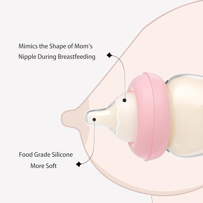 YOHKOH Natural Glass Baby Bottle with Natural Response Nipple, Newborn Anti-Colic Baby Bottles, Wide Neck Mushroom Cap Baby Bottle, Clear ((5.4oz (Pack of 2), Red-1)