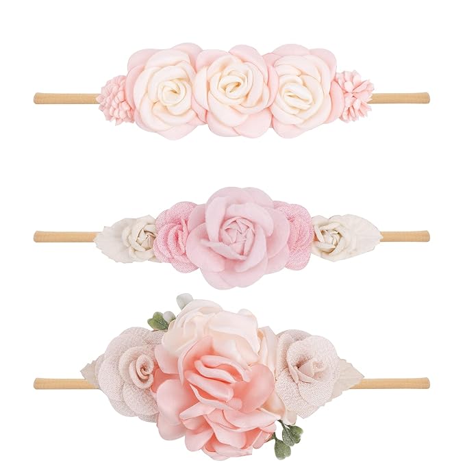 Baby Girl Nylon Headbands Flower Hair Bows Accessories-Elastic Hair Band Crown Handmade FLoral Wraps Birthday Gifts for Girls Newborn Infant Toddler 3Pcs