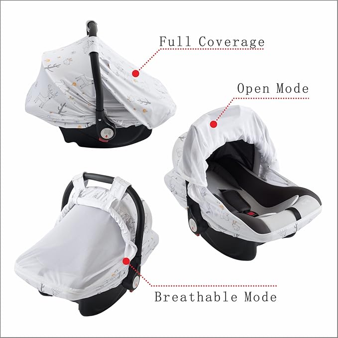 Baby Car Seat Cover, Soft Sun Shade Cover, Breathable Comfortable Privacy Carseat Canopy Protect for Newborn Infant Boys Girls (Animals)