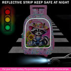 Girls Rolling Backpack, Cute Raccoon Roller Wheels Kids Bookbag - Wheeled Elementary School Bag - 3PCS Raccoon