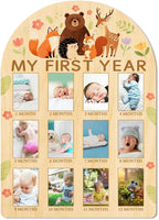 ORIGACH My First Year Baby Growth Photo Display Wood Board - 12 Months Newborn Milestones Photo Board - Neutral Baby Keepsake Frame 1st Birthday Party Nursery Decor New Mom Gift - Forest Animals