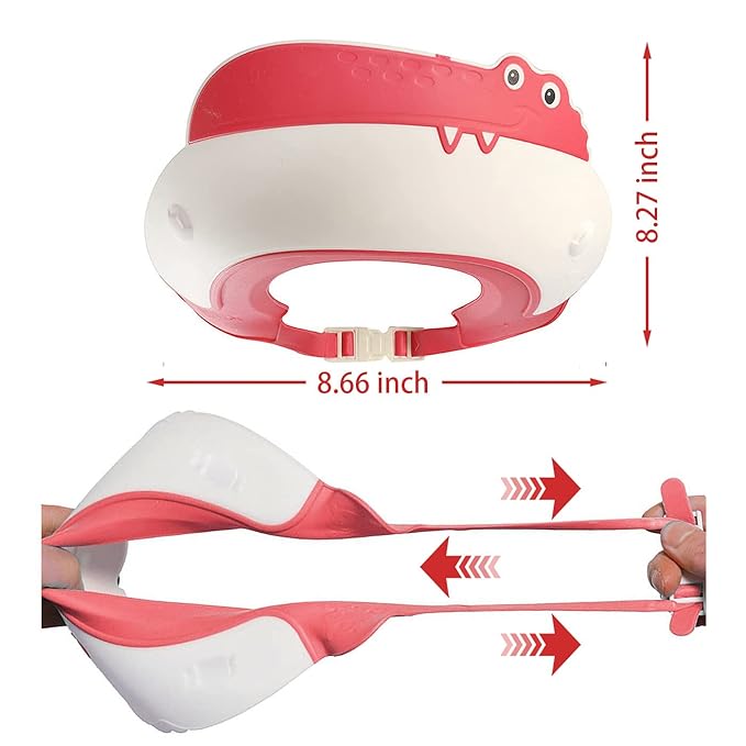 Baby Shower Cap Shield, Shower Cap for Kids, Visor Hat for Eye and Ear Protection for 0-9 Years Old Children,Cute Dinosaur/Crocodile/Hippo shape Makes the Baby Bath More Fun (Crocodile, Red)