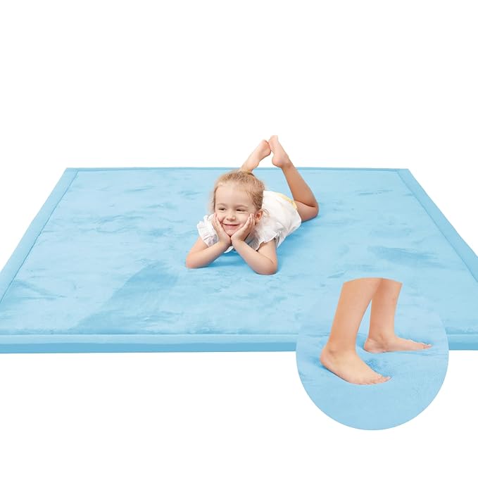 Baby Play Mat for Floor,1.3" Thick Memory foam Tummy Time Mat for Toddlers,Infants,kids,Water-Repellent Soft Nursery Rug,Extra Large Non Slip for Crawling&Yoga,Tatami Style for Living Room(Light Blue)