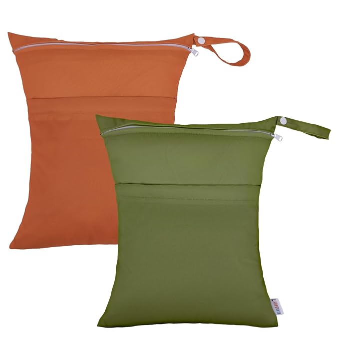 ALVABABY 2pcs Cloth Diaper Wet Dry Bags Waterproof Reusable with Two Zippered Pockets Travel Beach Pool Daycare Soiled Baby Items Yoga Gym Bag for Swimsuits or Wet Clothes 2LM04