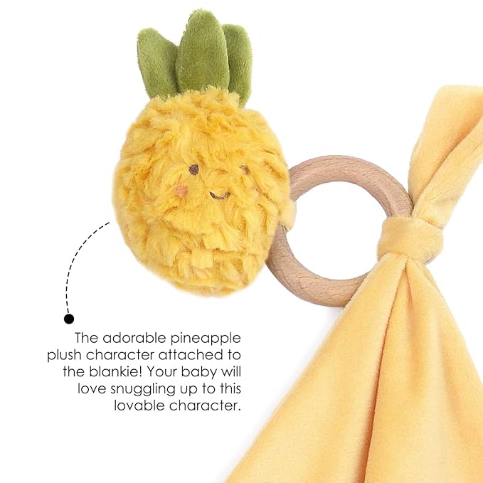 MON AMI Pina Pineapple Wood Teether Security Blanket | 11-Inch Soft Velour Baby Blanket with Wooden Teething Ring | Perfect Newborn Essential for Birthdays & Baby Showers