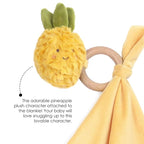 MON AMI Pina Pineapple Wood Teether Security Blanket | 11-Inch Soft Velour Baby Blanket with Wooden Teething Ring | Perfect Newborn Essential for Birthdays & Baby Showers