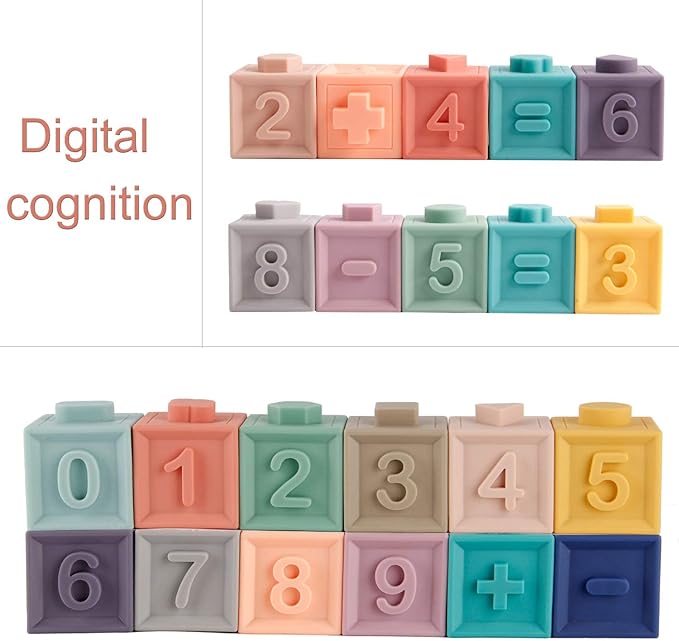 Mini Tudou Baby Blocks Soft Building Blocks Baby Toys Teethers Toy Educational Squeeze Play with Numbers Animals Shapes Textures 6 Months and Up 12PCS