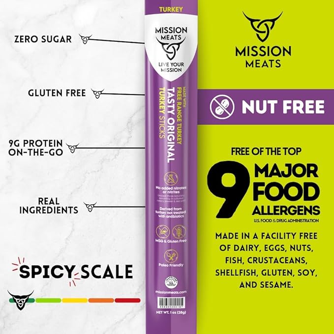 Mission Meats Turkey Sticks, 100% Free Range Turkey Jerky, Zero Sugar, Delicious Healthy Snacks, 9g Protein, Individually Wrapped, Gluten Free, Original 1oz (24ct)