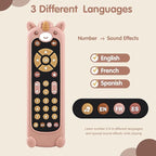 Nueplay Baby TV Remote Control Toy with Silicone Teether Cover, Toddler Realistic Controller, Early Number Learning in 3 Languages (English, Spanish & French), Preschool Girls Toys 6, 12, 18 Months