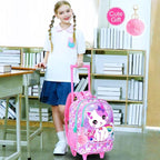 Girls Rolling Backpack, Cute Cat Roller Wheels Kids Bookbag - Wheeled Elementary School Bag - 3PCS Cat