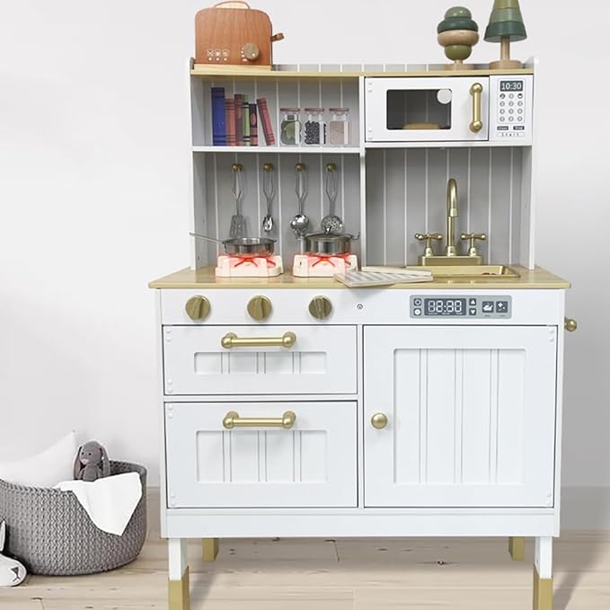 Wooden Toddlers Kitchens Playsets with 6pcs Cooking Kitchen Sets|Kids Play Kitchens with Cooking Pans,Pots,Stove&Sink|Mini Baby Kitchen Toys with Lights&Sounds for Kids Ages 3+Boys Girls…