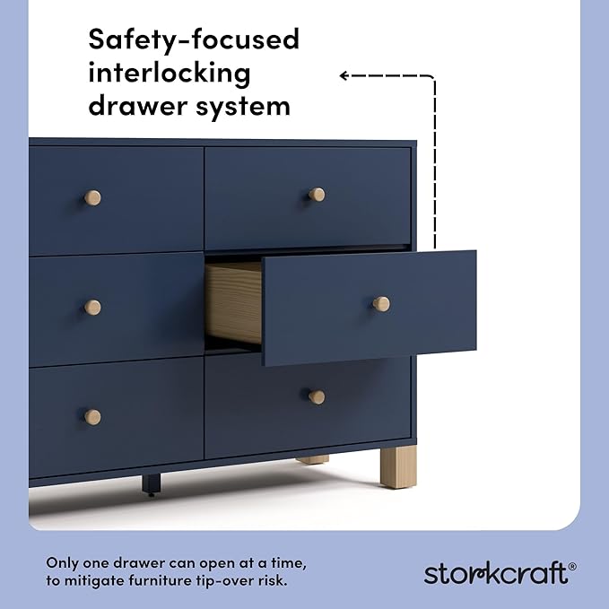Storkcraft California 6 Drawer Double Dresser (Midnight Blue with Driftwood) – GREENGUARD Gold Certified, Spacious Storage Organizer for Kids’ Room, Safety Interlocking Drawer System