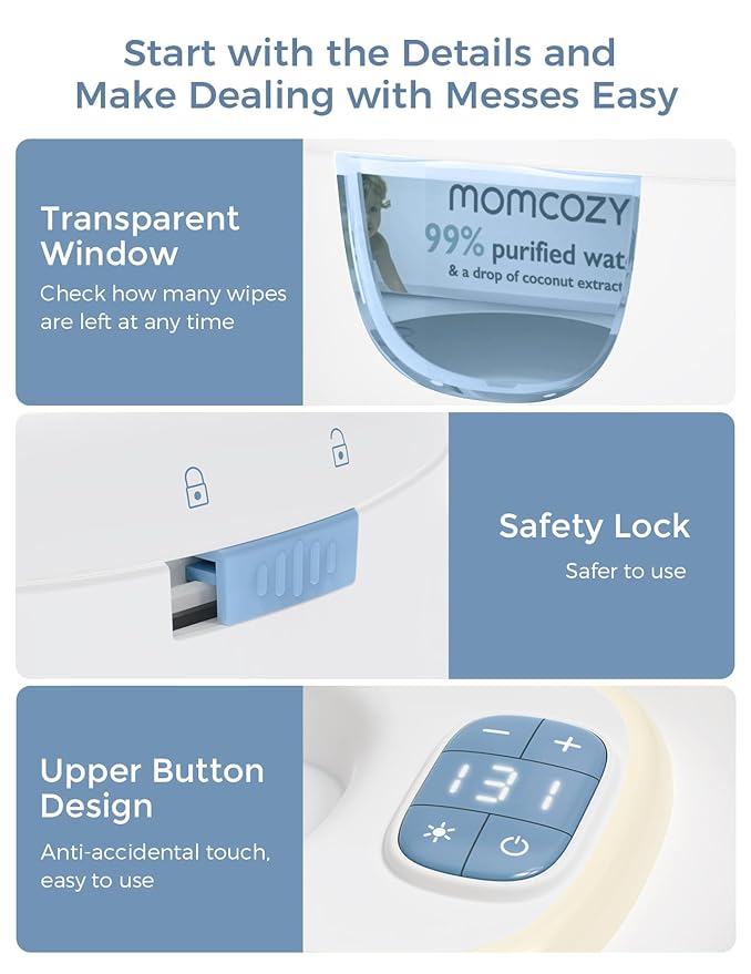 Momcozy Baby Wipe Warmer, Innovative Spring Design, Large Capacity Wipes Dispenser for 60-80pcs, Fast & Even Heating, 4 Modes of Temperature Heating Control, Diaper Wipe Warmer with Night Light, Blue