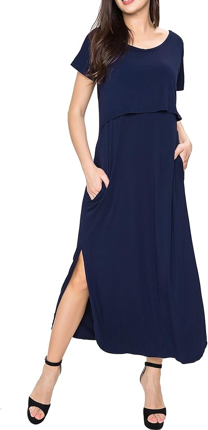 Smallshow Women's Maternity Nursing Dresses Split Long Dress for Breastfeeding