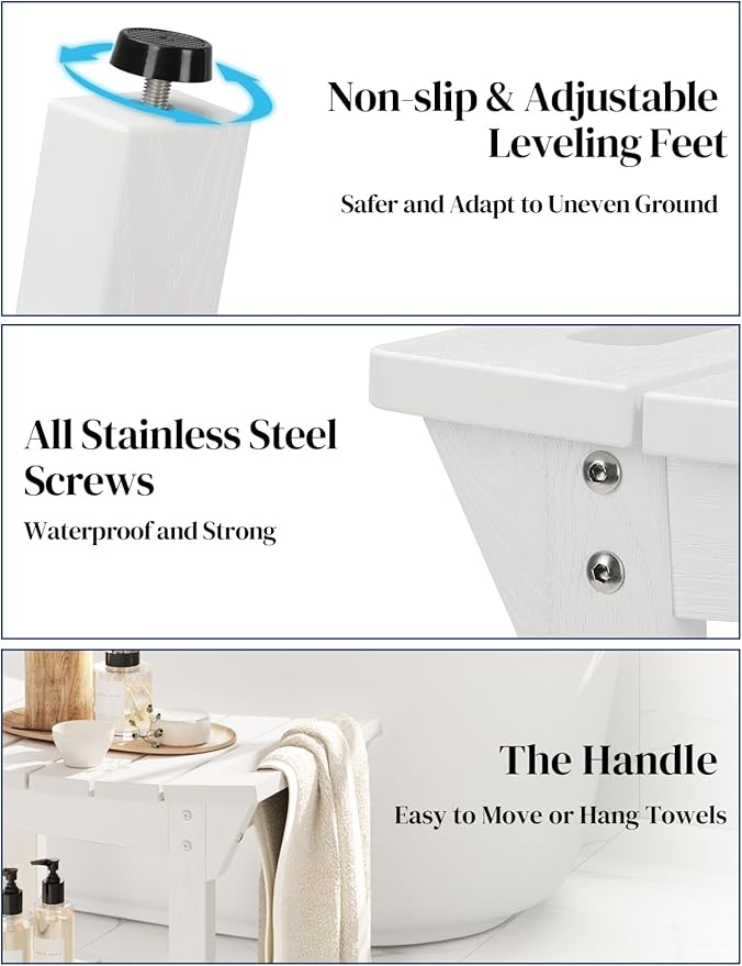 Waterproof Shower Bench, Poly Lumber Shower Stool for Shaving Legs, Shower Chair Seat with Storage Shelf and Handles, Bathroom Bench for Inside Shower, Non-Slip