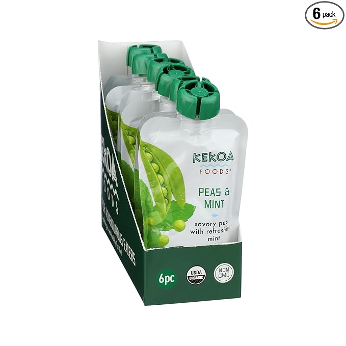 Kekoa Foods Peas & Mint Baby Food Purée | 100% USDA Certified-Organic Vegetarian Squeeze Pouch | Organic, Non-GMO, Gluten-Free, Vegan | Fiber & Protein Boosting First Food for Babies | 3.5 oz