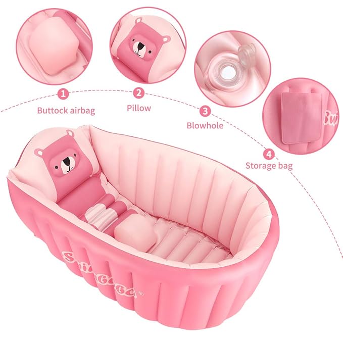Inflatable Baby Bathtub Infant Anti-Slip Bath Seat Pool with Air Pump Travel Camping Portable Toddler Bath Tub Age 0-5 Years Old (Pink)