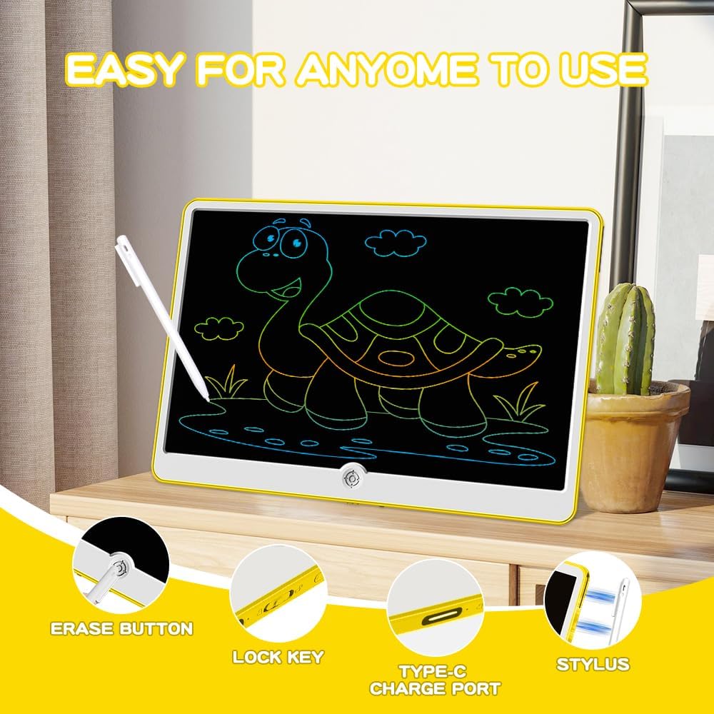 19 Inch LCD Writing Tablet with Stylus Pen, Reusable Doodle Board for Kids Ages 3-9, Type-C Rechargeable Drawing Pad, Educational Travel Toy for Boys and Girls Birthday & Holiday Gifts Yellow
