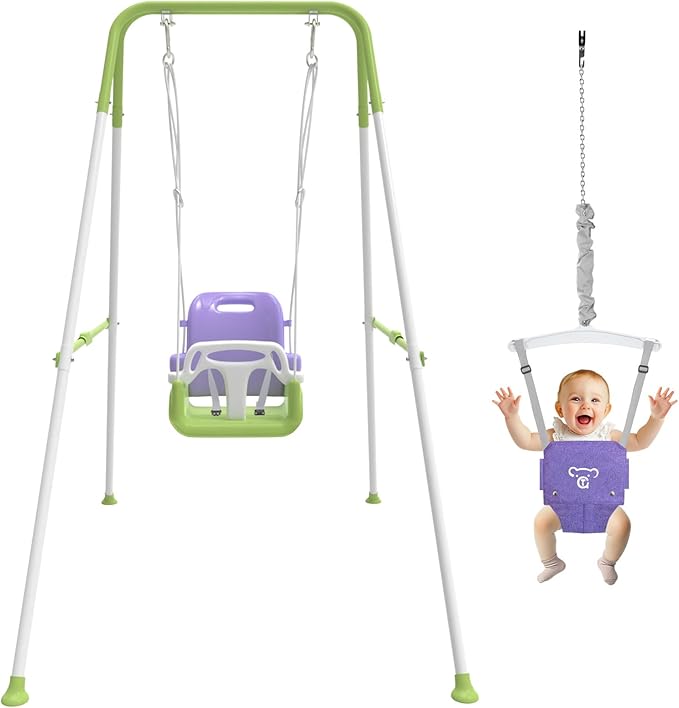 2 in 1 Toddler Swing & Baby Jumper, Foldable Baby Bouncer with Soft Cushion, Foldable Indoor & Outdoor Use, Easy to Install & Store Swing Sets for Backyard Play (Purple)