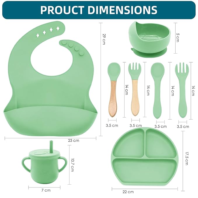 100% Silicone Baby Feeding Set,BPA Free Baby Dishes Set with Suction Bowl Divided Plate,Toddler Self Feeding Dish Set with Spoons Forks Sippy Cup and Bib, Baby Eating Utensils (Neon Green)