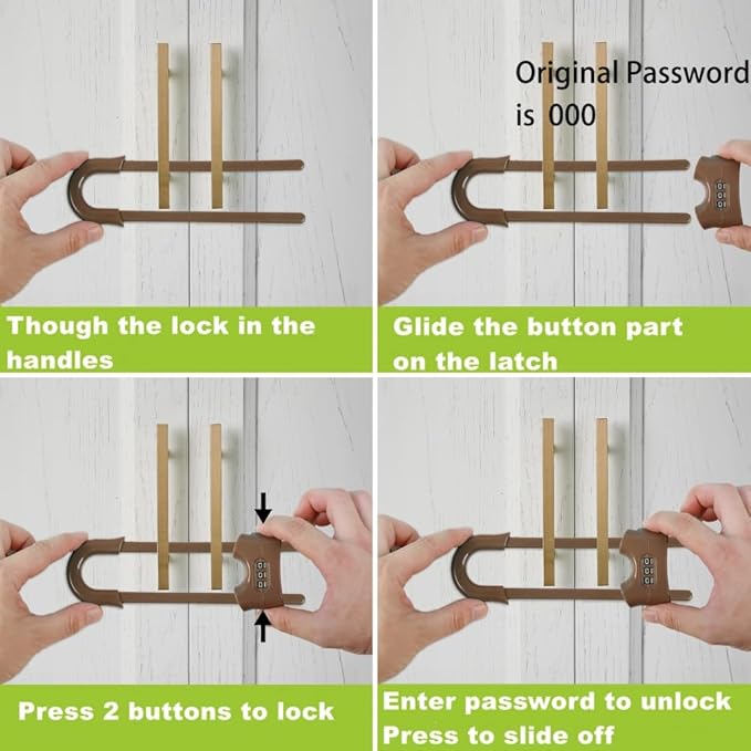 4 Pack Child Proof Sliding Cabinet Door Code Locks Baby Safety Cupboard Locks Adjustable U Shaped Cabinet Latches for Knob Handle Drawers Closet (4 PCS, Coffee)
