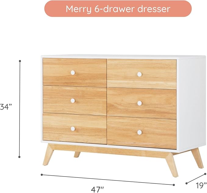 dadada Baby Merry 6-Drawer Dresser – Modern Nursery Dresser with Natural Wood Fronts, Soft-Close Drawers, Anti-Tip Safety Kit, Baby-Safe Finish – Spacious Storage for Nursery & Home (White/Natural)