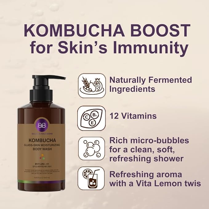 BALANCE YOUR BIOME Kombucha Glass-Skin Moisturizing Body Wash, K-Beauty,Fermented soybean, barley, Pear Juice, Pomegranates,12 Vitamins, Nurishing, Cleansing, 16.9 fl.oz.500ml, No Silicone