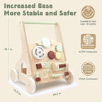 PairPear Wooden Baby Walker with Wheels, Baby Sit-to-Stand Baby Walker & Activity Cart, Montessori Activity Walker Busy Board for Baby Boys Girls 12m+(Sage Green)