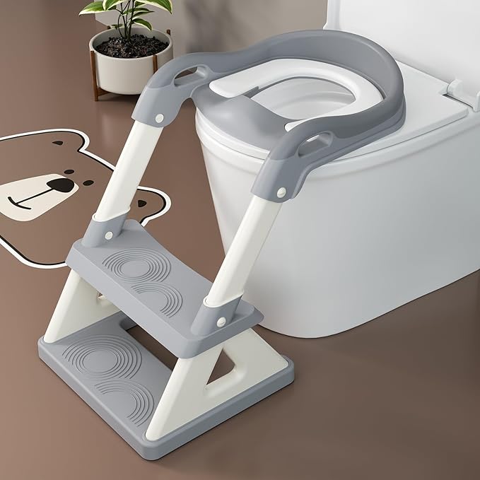 Potty Training Seat with Step Stool Ladder, Upgrade Triangular Stabilized Base 2-IN-1 Toddler Toilet Seat with Splash Guard, Anti-Slip Pad, and Step Stool (Agate Grey)