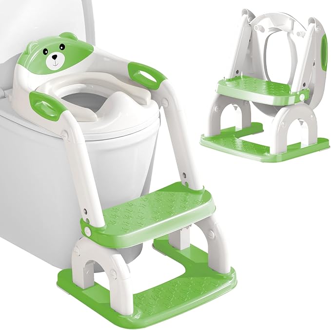 DEEKI Potty Training Seat Upgrade 2 in 1 Toddler Training Toilet Chair Potty Seat with Step Stool Ladder for Baby Kids Boys Girls(Green)