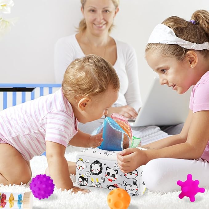 Montessori Toys for Babies 0-6 Months,7 in 1 Newborn Toys Baby Gifts Set Early Learning Toys with Black & White Baby Flashcards,Tummy Time Mirror,Baby Rattle,Sensory Balls,Tissue Box Toys,Rain Stick