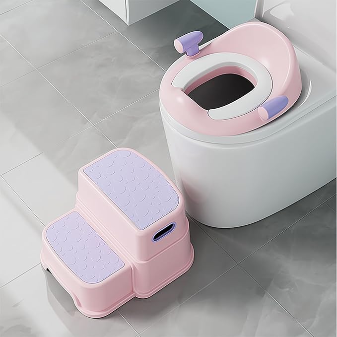 Potty Training Toilet Seat with Kids Step Stool Anti-Slip Toddler Potty Seat with Soft Cushion, Baby Potty Training Set Toddlers Toilet Seat for Boys and Girls (Pink)