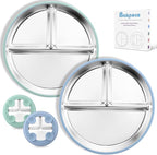 Stainless Steel Toddler Plate with Suction, 9” Divided Plates with Removable Silicone Sleeves for Kids, Non Toxic & BPA Free | Non Slip | Unbreakable Baby Snack Dishes Set of 2, Blue & Sage