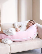 Momcozy Body Pillow for Pregnancy, J Shaped Pregnancy Pillows for Side Sleeping, Soft Maternity Pillow with Jersey Cotton Cover for Head Neck Belly Support, Pink