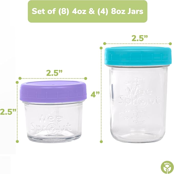 WeeSprout Glass Baby Food Storage Jars - 12 Set, 4 oz/8 oz Baby Food Jars, Plastic Lids, Freezer Storage, Reusable Small Glass Baby Food Containers, Microwave & Dishwasher Safe, for Infant & Baby Food