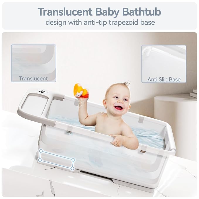 Collapsible Baby Bathtub with Stand - Large Capacity Baby Bath Tub with Thermometer & Soft Cushion | Portable Travel Newborn Infant Bathtub | Foldable Toddler Bathtub for Baby 0 to 36 Months