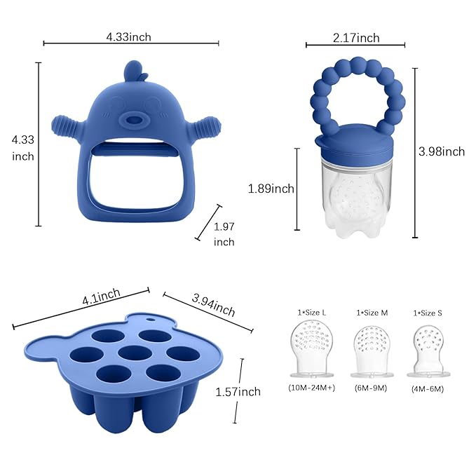 Baby Fruit Feeder & Breastmilk Popsicle Mold Set – 3 Pack Silicone Teething Relief Kit with Food Feeder Pacifier, Freezer Tray with Lid & Baby Teether Toy (Steel Blue)