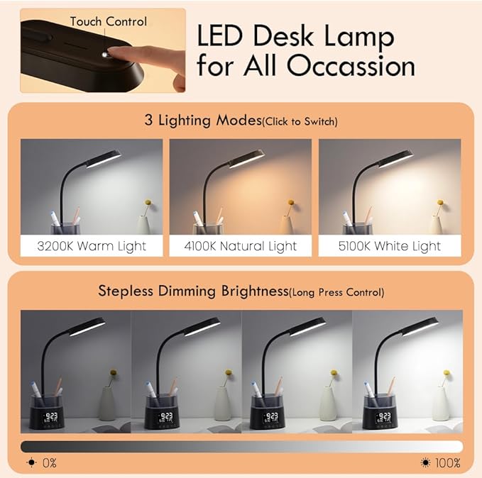 WILIT LED Kids Desk Lamp, Dimmable Study Lamp for Home Office Desk Accessories, with Pen Holder & Clock, USB Charging, RGB Night Light, Bedroom & College Dorm Room Essentials for Girls - Black