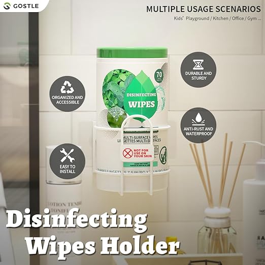 Wipes Holder, Wall Bracket for Cleaning Wipes - Two Ways of Installation: Wall-Mount & Adhesive Stickers - Ideal for Kitchen Bathroom Household Office Classroom Gym - No Wipes Included