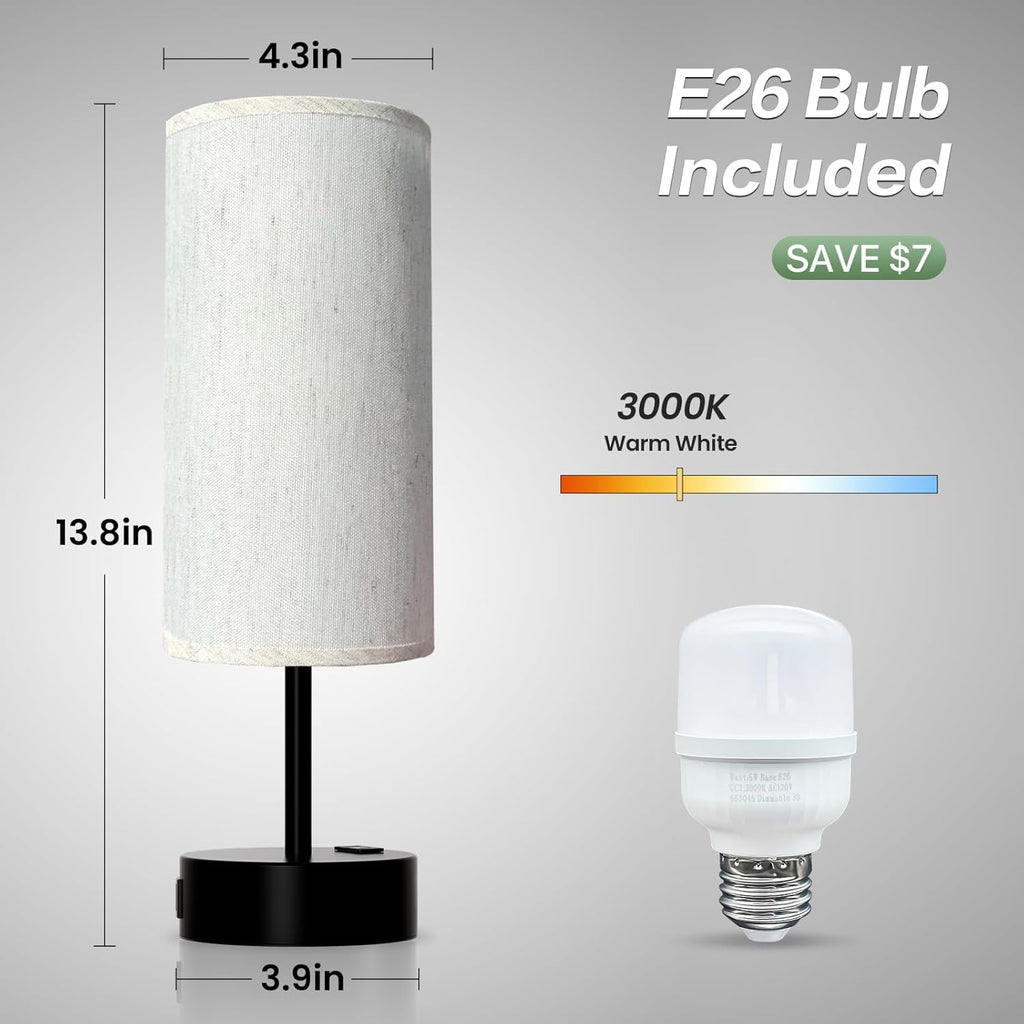 KPQ Small Bedside Lamp Touch Control Table Lamp with USB A+C Charging Ports & AC Outlet 3-Way Dimmable Nightstand Lamp with Linen Fabric Shade for Bedroom Living Room