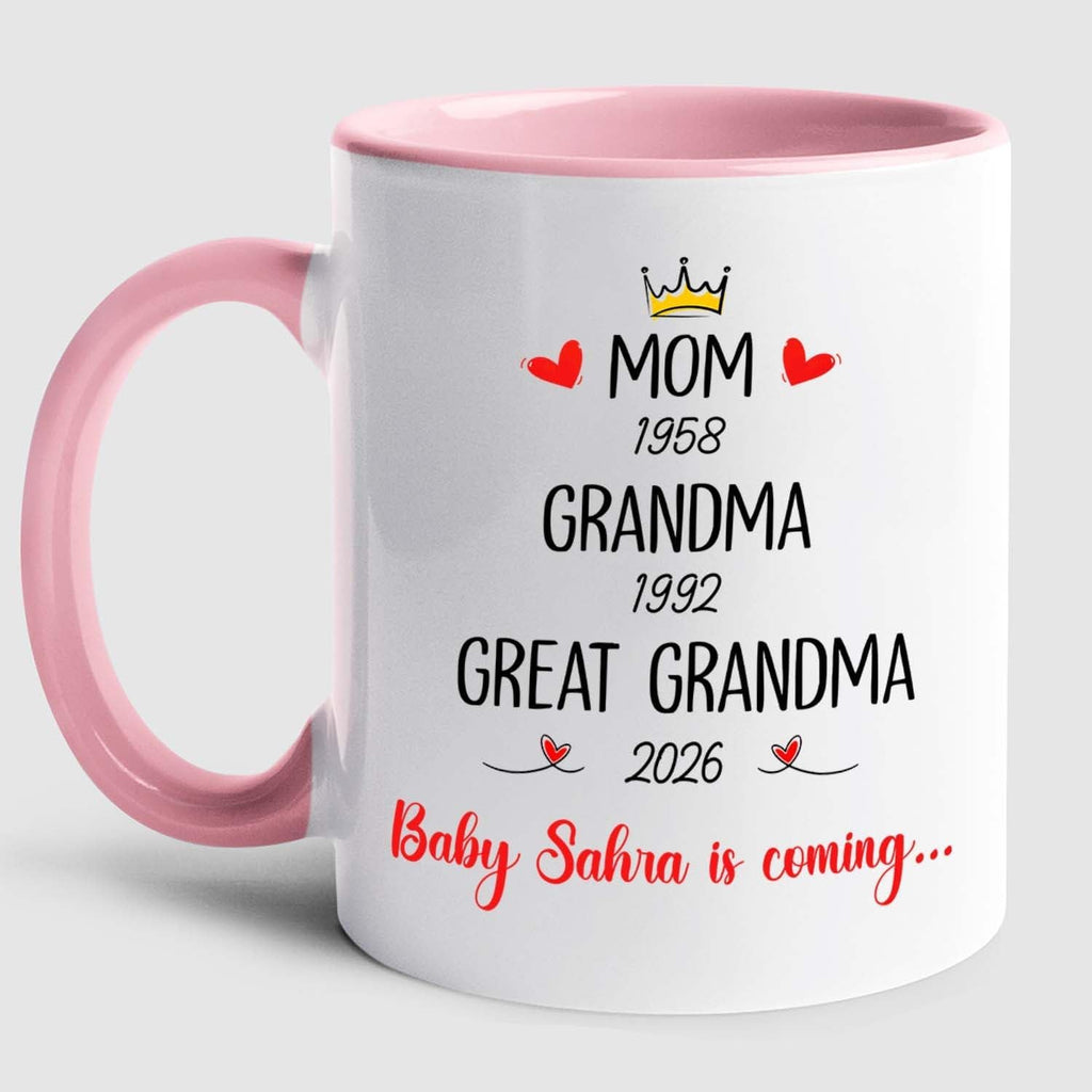 Mom Grandma Promoted To Great Grandma Coffee Mug Cup 11 15 Oz, Personalized New Great-Grandmother Ceramic Coffee Cup EST. 2026, Customized Choose Name White Accent Mug Gift For Pregnancy Announcement