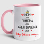 Mom Grandma Promoted To Great Grandma Coffee Mug Cup 11 15 Oz, Personalized New Great-Grandmother Ceramic Coffee Cup EST. 2026, Customized Choose Name White Accent Mug Gift For Pregnancy Announcement