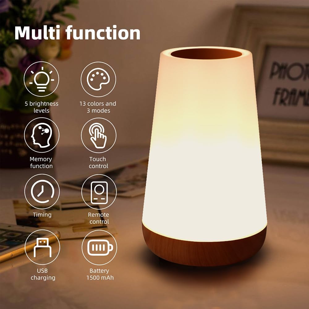 Luxxflour Night Light Lamp, Dimmable Touch Lamp for Bedroom, Portable Table Bedside Lamp, 5 Brightness & 13 RGB Colors, Night Lights for Perfect for Bedroom, Living Room, and Home Decor