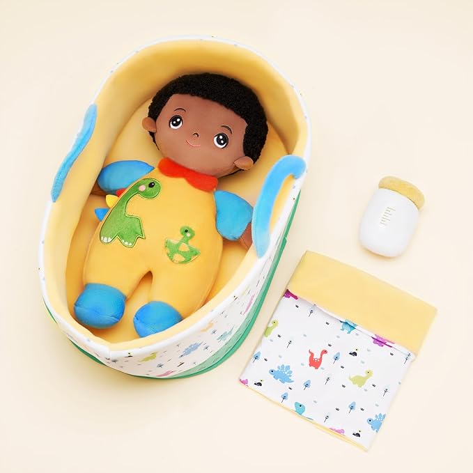 OUOZZZ 10" Soft Black Baby Boy Doll Set, Baby Doll Accessories Pretend Playset Emotional Social for 2 Year Olds Boy Christmas Birthday Gift Dinosaur