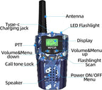 Rechargeable Kids Camouflage Walkie Talkies 3 Pack Long Range, 48H Work 7D Standby, LED Flashlight,Outdoor Camping Games Toys Gifts for 3-12 Year Old,Ideal Birthday for Boys & Girls