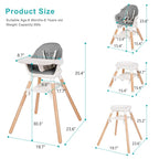 Baby High Chair, 6 in 1 Wooden Convertible High Chairs for Babies and Toddlers, Booster Seat with Double Tray & Reversible Footrest Baby Highchair, 5-Point Harness Baby Feeding Chair, Grey