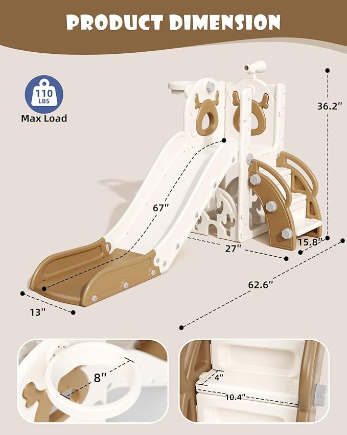XJD 7 in 1 Toddler Slide, Kids Indoor Slide for Toddlers 1-3, New Upgrade with Golf, Basketball Hoop for Indoor Outdoor Playset,Toddler Playground (White Brown)