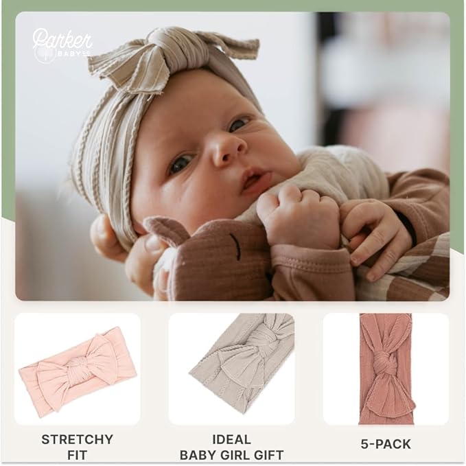 Parker Baby Cable Knit Nylon Headbands 5 Pack | Soft, Stretchy & Comfortable Bows for Girls | Adjustable, Soft to Touch & Knotted Headbands for Baby Girls | Baby Headwraps for Girls | Multiple Colors